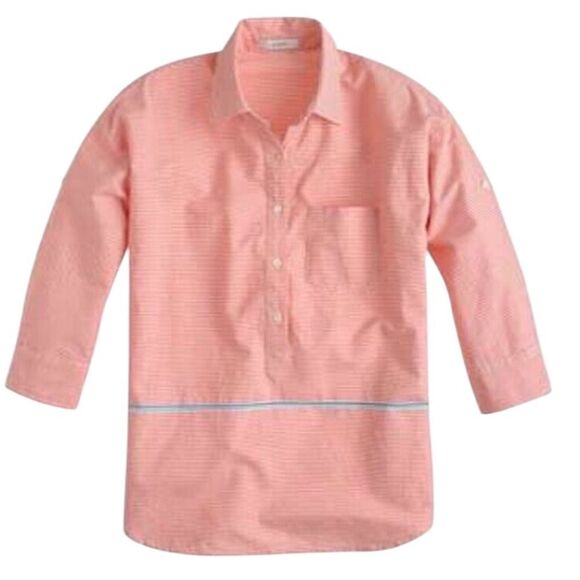 J Crew 100% cotton peach & white stripe popover blouse w an aqua stripe accent - Picture 1 of 12